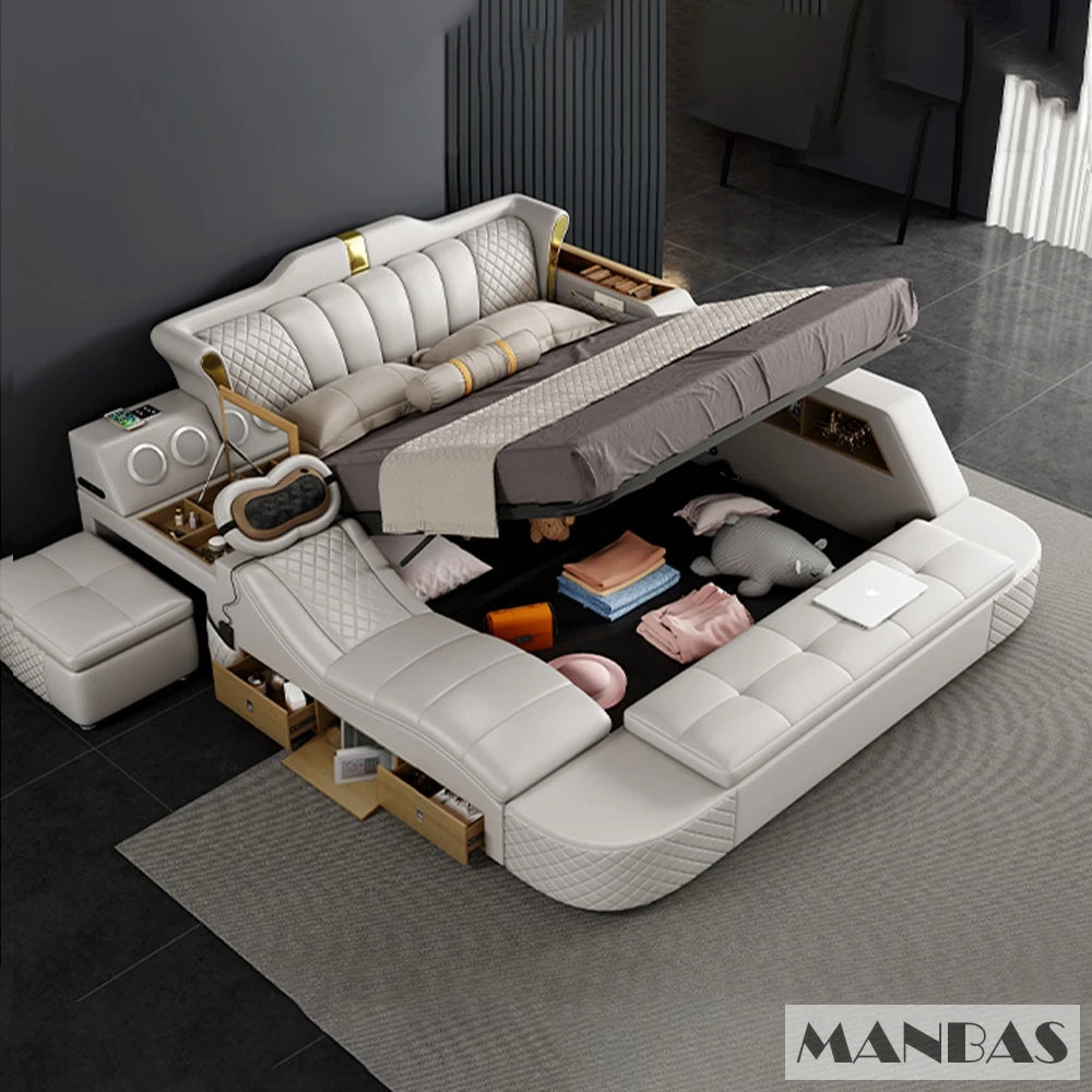 Tech Smart Bed 2 People with King Size Bed Frame Queen, Genuine Leather, Massage, USB, Bluetooth Speaker, and Safe By MINGDIBAO - vue 8 sur 8