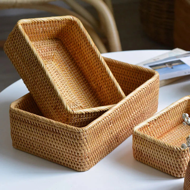 Handwoven rectangular rattan storage baskets for organising and decoration