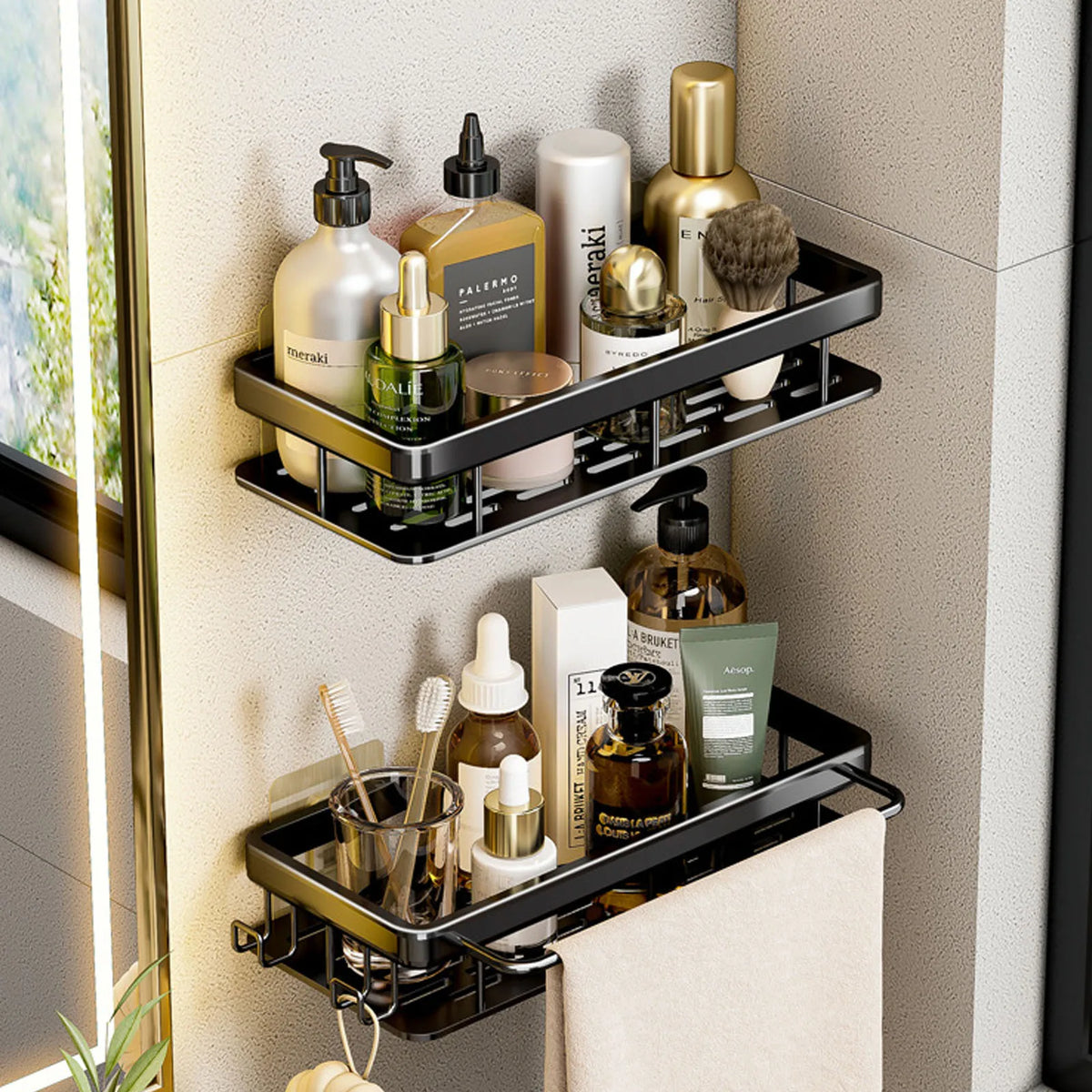 no-drill wall shelf for bathroom and kitchen storage