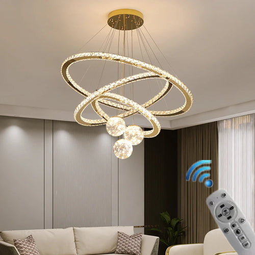 Modern LED crystal chandelier gold ring star glass ball - vue 2 sur 13
