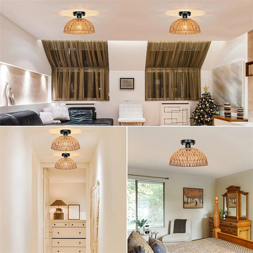 Vintage industrial rattan and hemp rope ceiling light - vue 3 sur 7