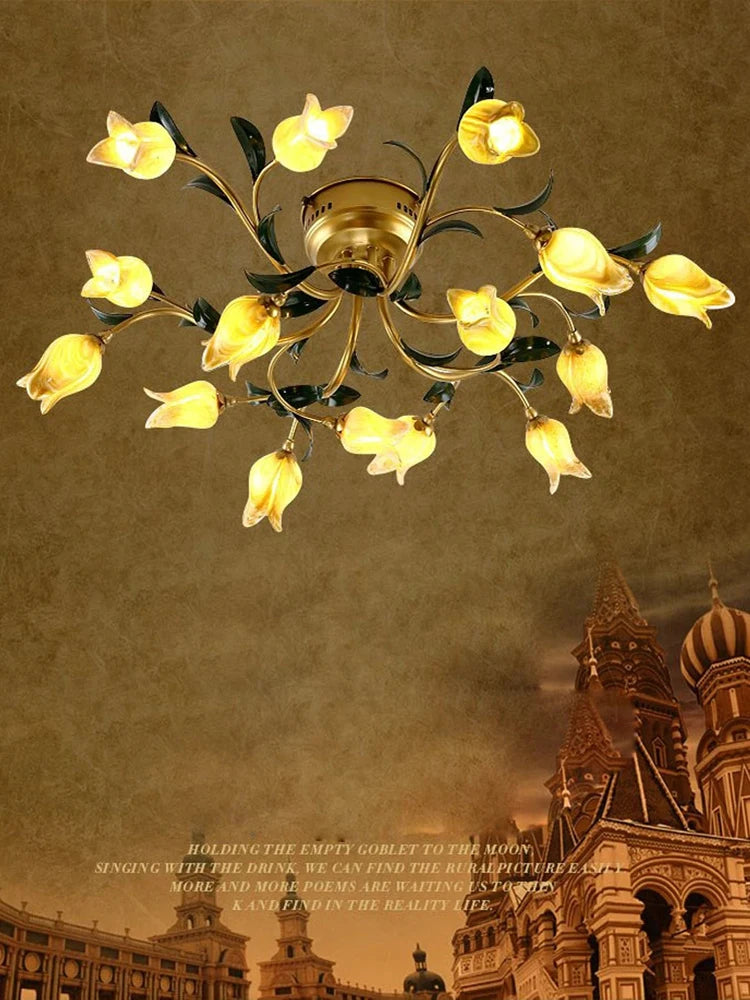 Glass and iron flower-shaped LED ceiling light