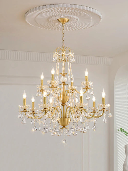Modern gold chandelier with LED tube lighting and crystal - vue 3 sur 13