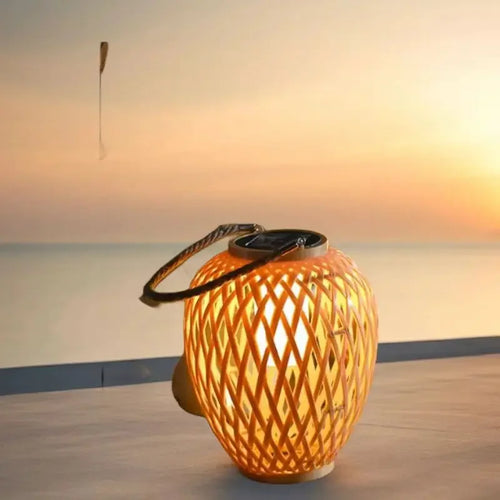 Outdoor solar lantern with imitation bamboo weave for decorative garden use - vue 4 sur 7