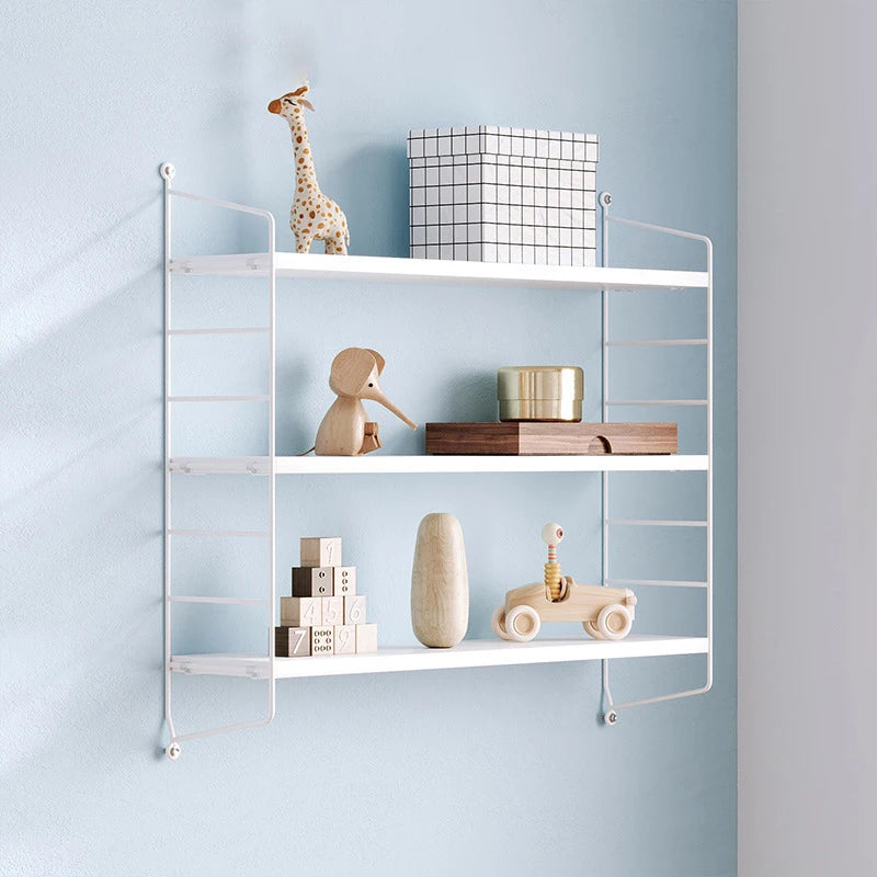 decorative wrought iron and wood wall shelves for storage and books