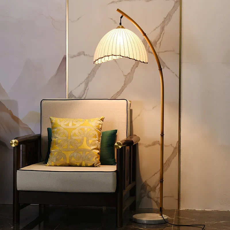 Nordic bamboo LED floor lamp with canvas hanging shades
