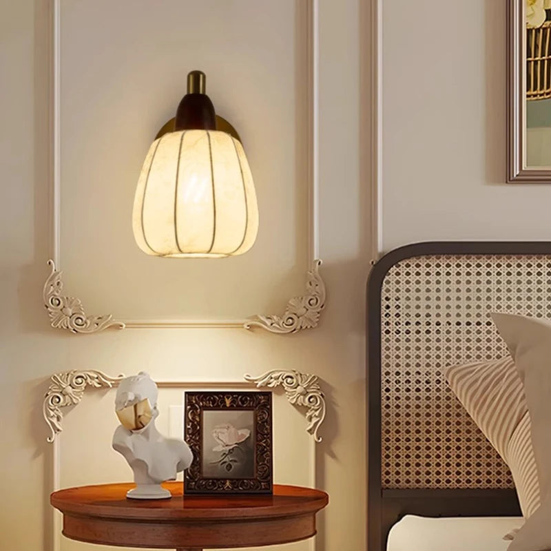 Medieval style wall light in printed fabric and solid wood