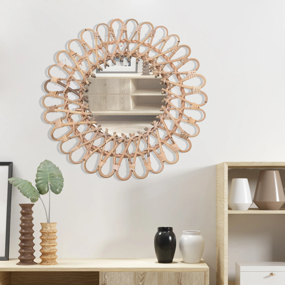 round rattan wall mirror with elegant Nordic design