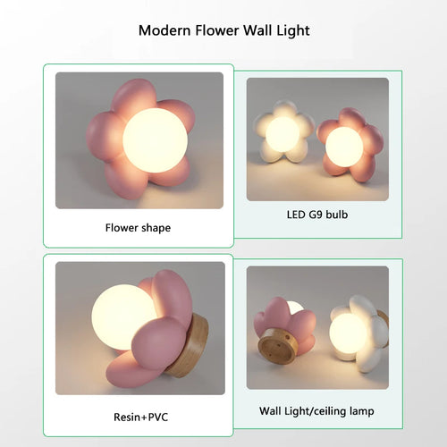 Children's flower wall light white pink resin bedside bedroom decor - vue 6 sur 10
