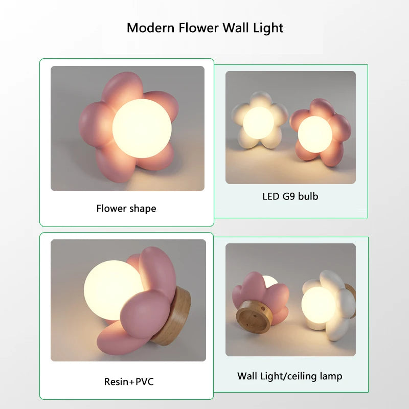 Children's flower wall light white pink resin bedside bedroom decor - vue 5 sur 10