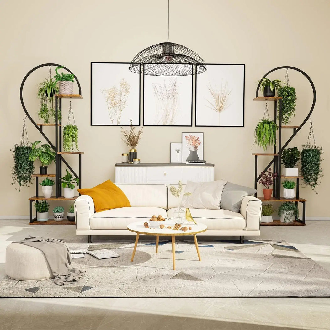 wooden and metal shelf for plants and flowers in the shape of a heart