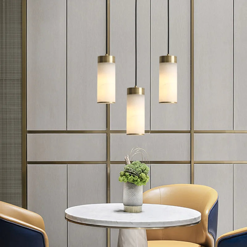 Retro copper pendant light with marble shade for indoor and garden