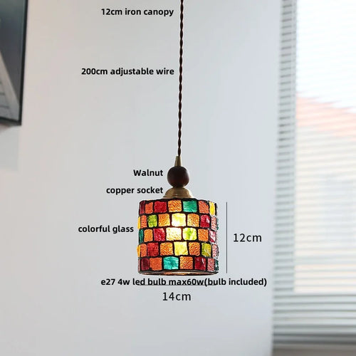 modern adjustable colored glass pendant light with wooden wire - vue 13 sur 25