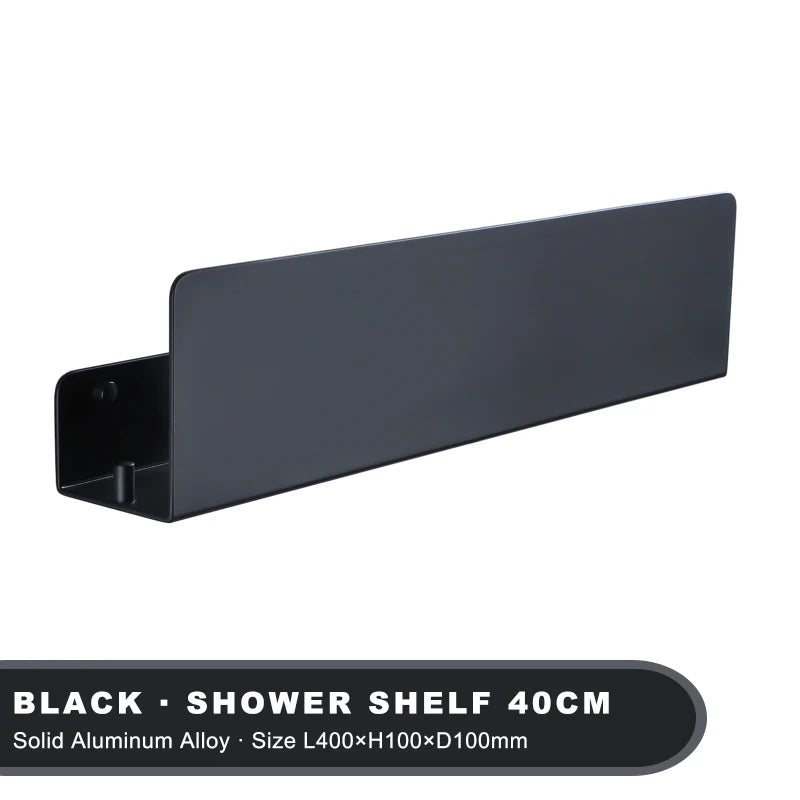 wall-mounted storage shelf with aluminum hooks for shower and kitchen