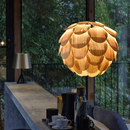 Original pineapple chandelier in wood veneer for hotels, bars and restaurants - vue 2 sur 10