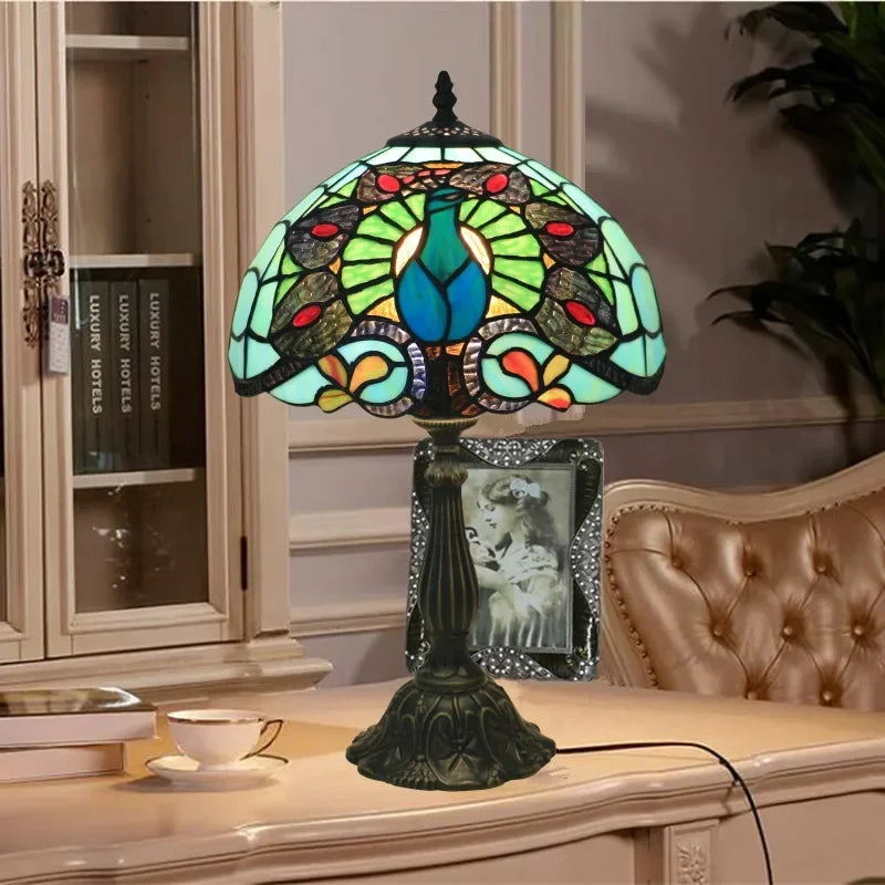 Tiffany peacock table lamp vintage Mediterranean stained glass decor