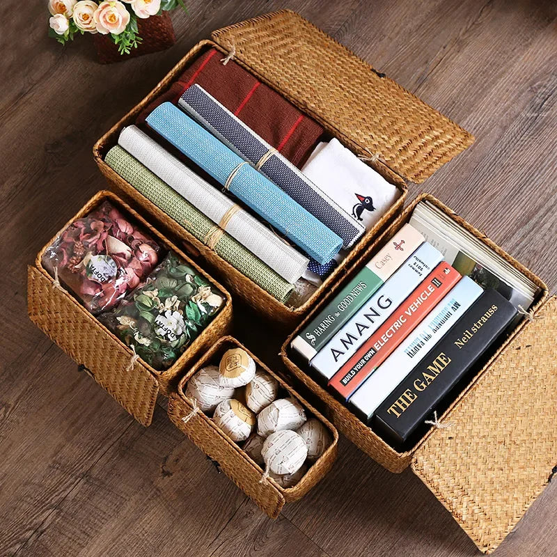 woven storage basket with lid for jewelry and miscellaneous items - vue 10 sur 11