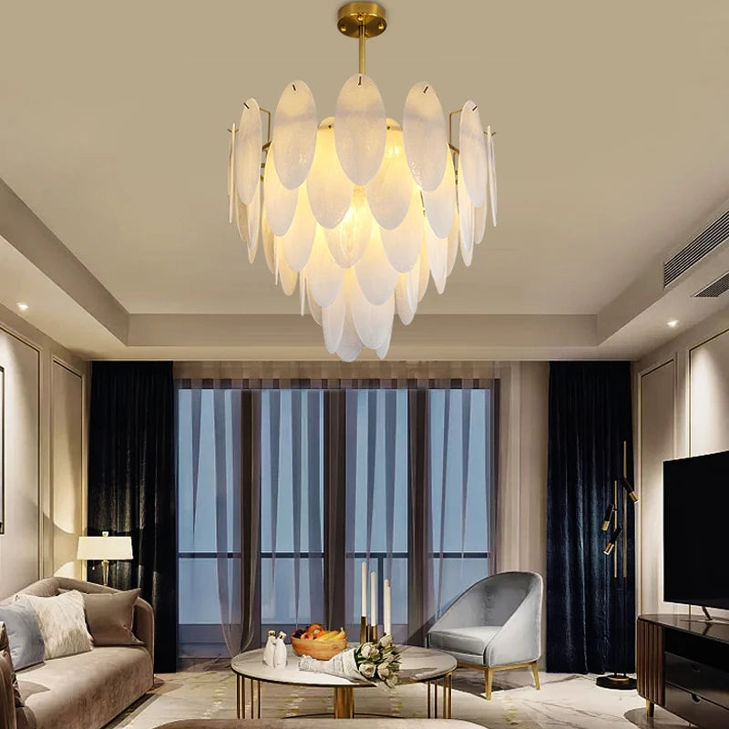 Modern glass chandelier with feathers and LED lighting