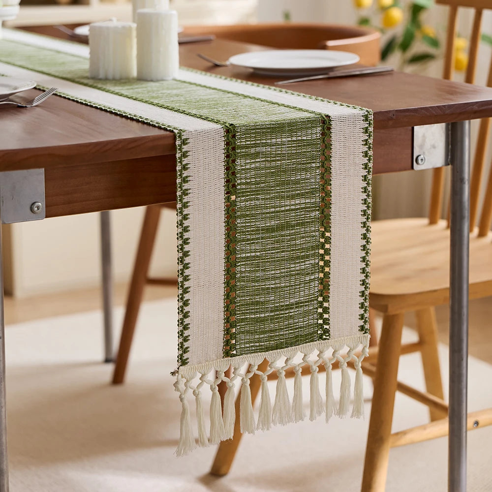Boho striped beige table runner with woven tassels
