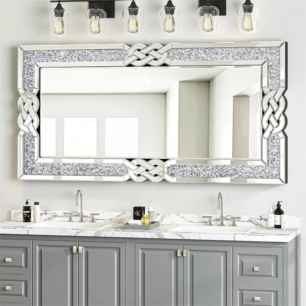 glass wall mirror with decorative bling crystal frame