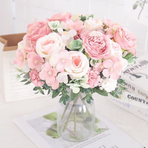 Artificial silk peony and hydrangea bouquet for wedding and home decoration - vue 3 sur 40