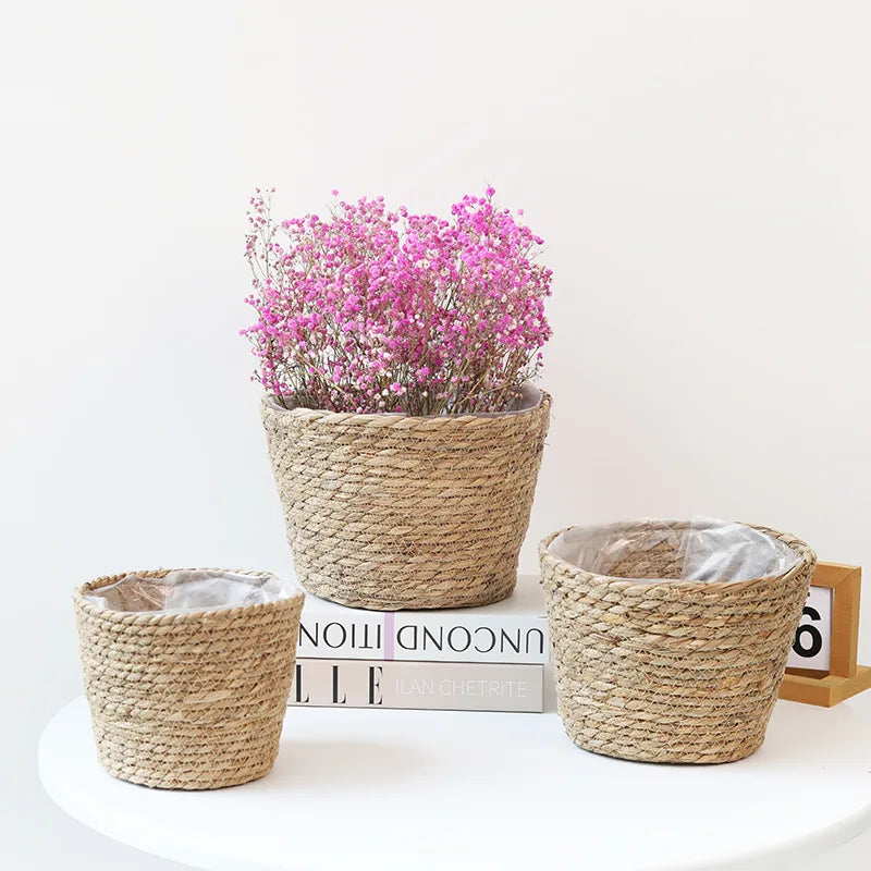 decorative woven grass basket for flowers and storage
