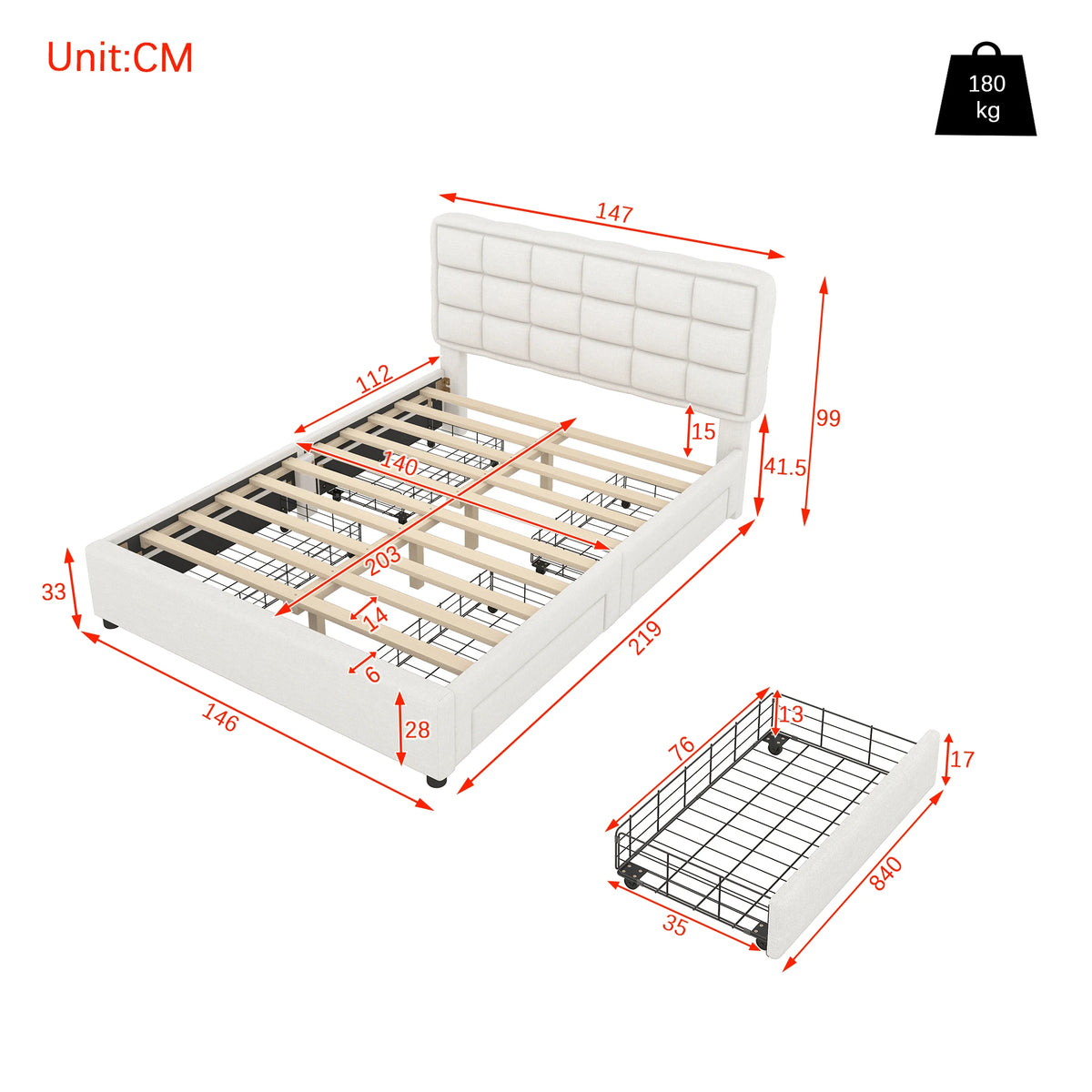 Upholstery bed, 140x200cm, bed with slatted frame (without mattress), bed with four drawers, minimalist style, linen, beige - vue 3 sur 6
