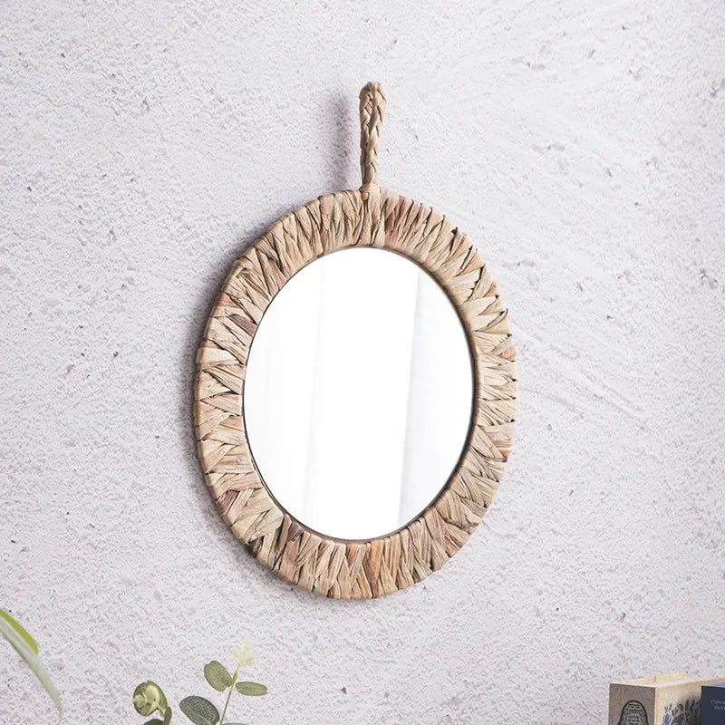 miroir tissé rétro en rotin pour décoration murale - vue 4 sur 6