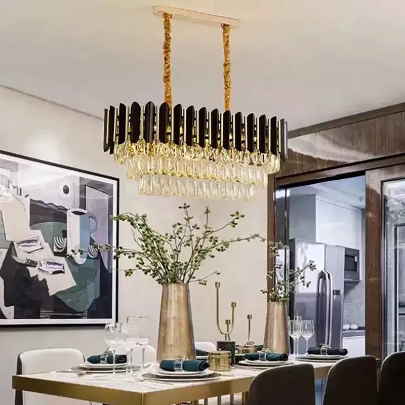 Modern luxury crystal LED chandelier, round or linear design - vue 5 sur 18