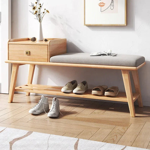 wooden shoe cabinet with drawers and built-in bench - vue 7 sur 7