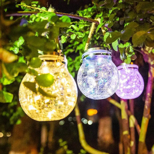 Hanging solar crackle glass lamp for garden and outdoor use - vue 2 sur 9