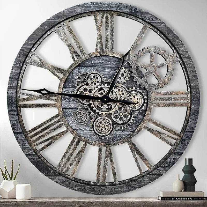 retro style wooden wall clock with moving gears decorative