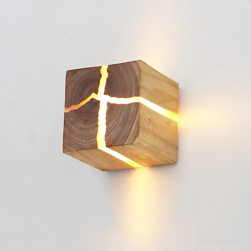 Creative cube-shaped wooden and resin wall light