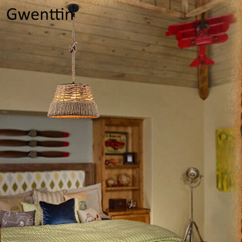 Retro hemp pendant light for industrial and artistic decor - vue 3 sur 7