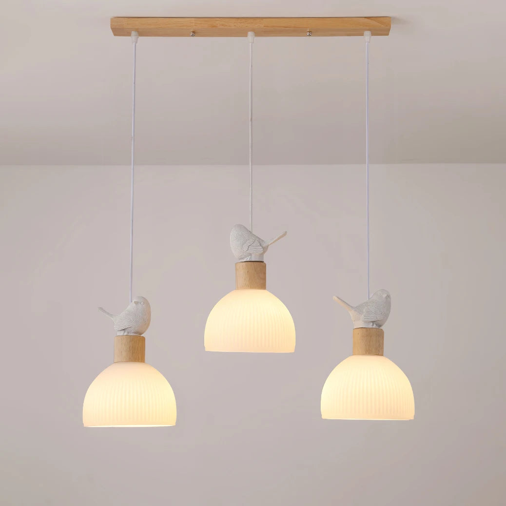 Wooden LED pendant light with white glass shade