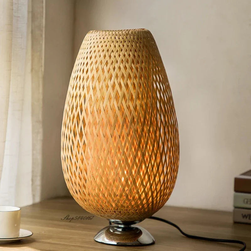 Handcrafted vintage bamboo desk lamp in natural wood