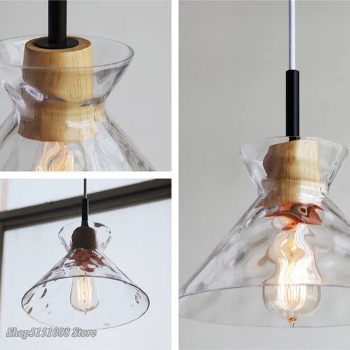 Japanese style LED pendant lamp in wood and glass, decorative lighting - vue 6 sur 9