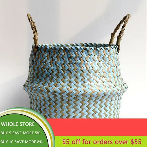 handmade patchwork seagrass foldable wicker storage basket - vue 3 sur 9
