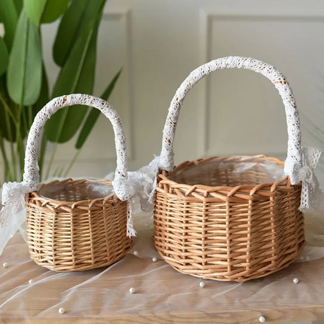 handwoven natural rattan basket for decorative wedding with lace