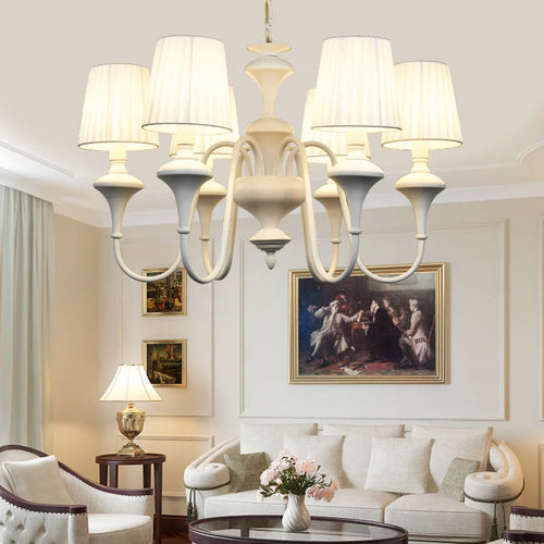 Modern chandelier with three or six lights in metal with fabric shade