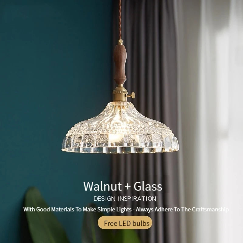 Nordic wood, glass and brass rustic modern pendant light