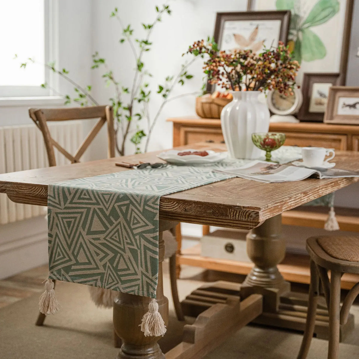 Beige geometric jacquard table runner with boho tassels