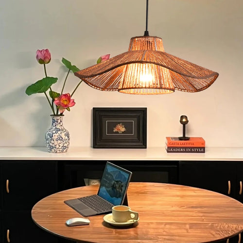 Vintage hemp rope pendant light with Japanese wabi-sabi shade - vue 3 sur 8