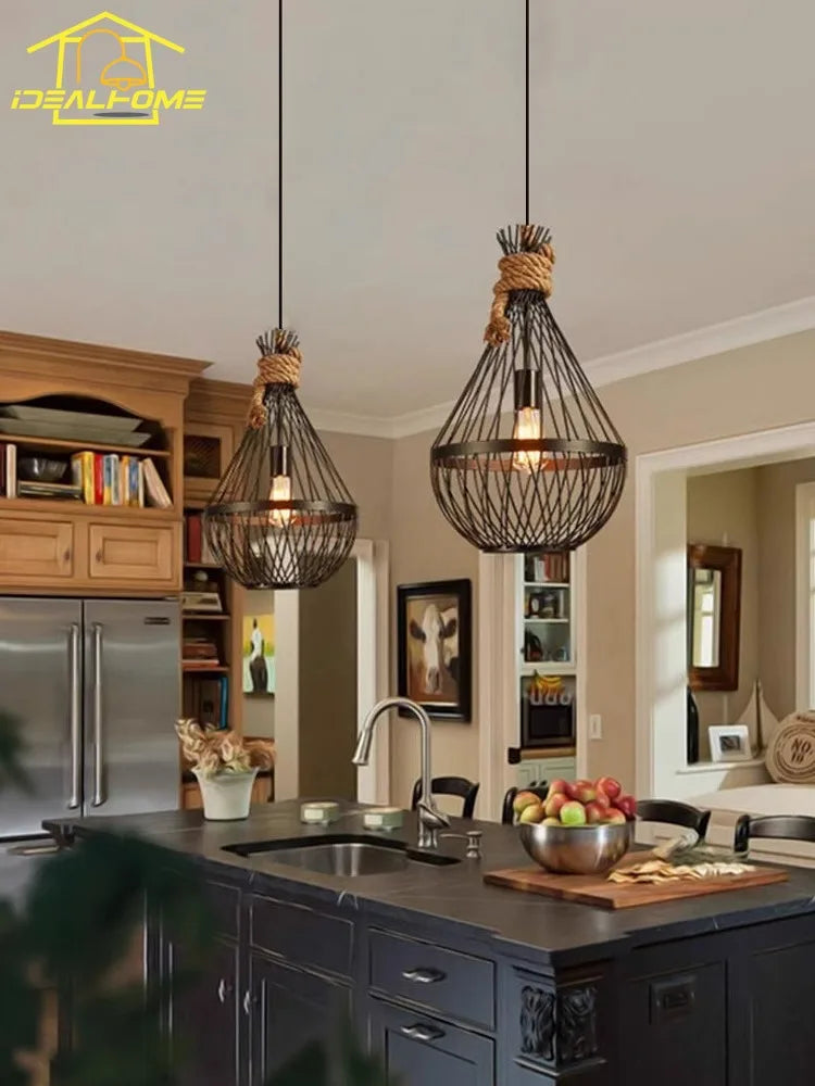 Vintage hemp rope and iron decorative LED pendant light