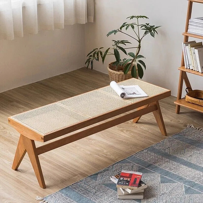 antique Japanese style woven rattan bench for small space