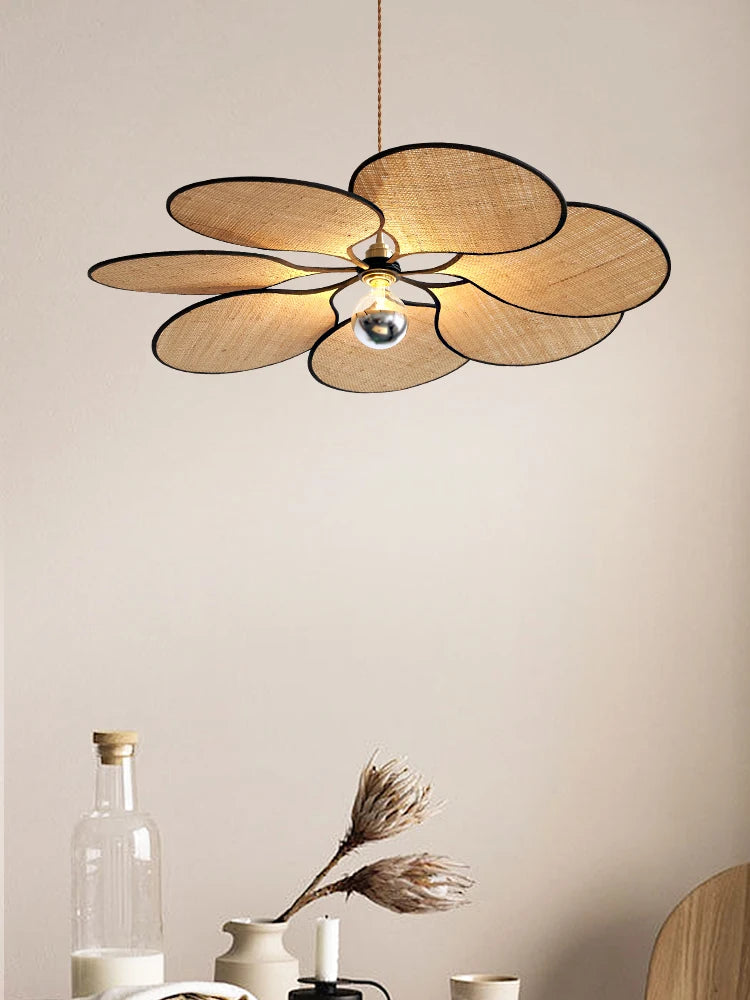 Japanese flower straw woven LED chandelier for interior decoration