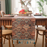 Green floral country-style table runner with tassels