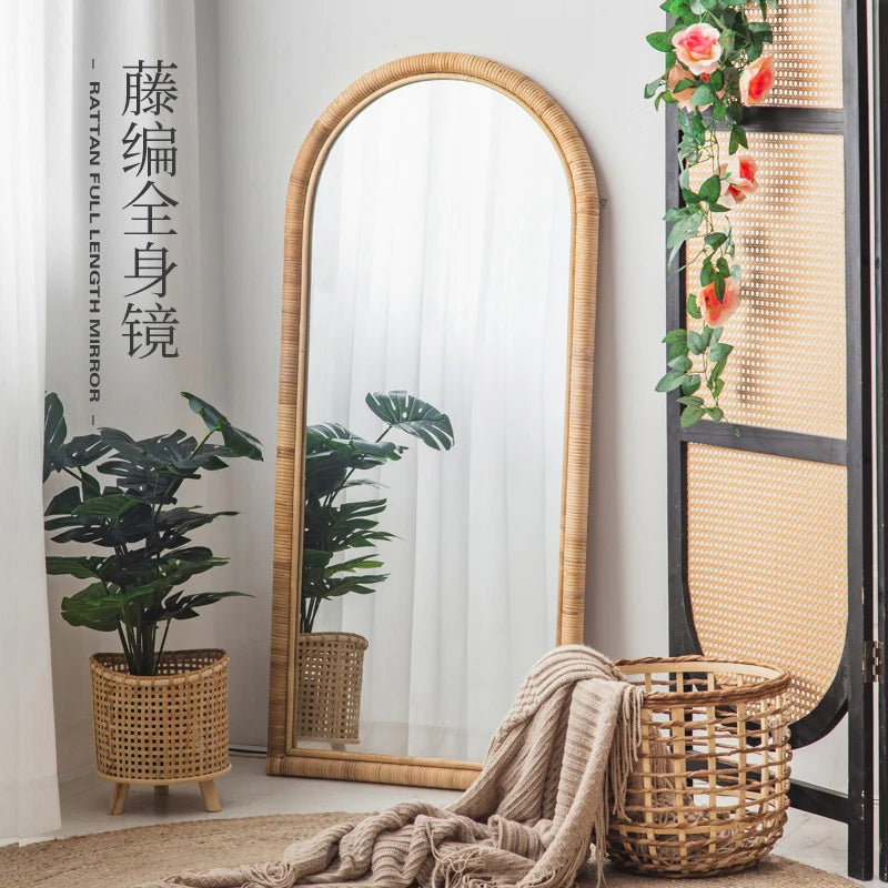 Full length mirror, floor mirror, girls' makeup, dressing room, dressing room, rattan net, Nordic fitting mirror, ins