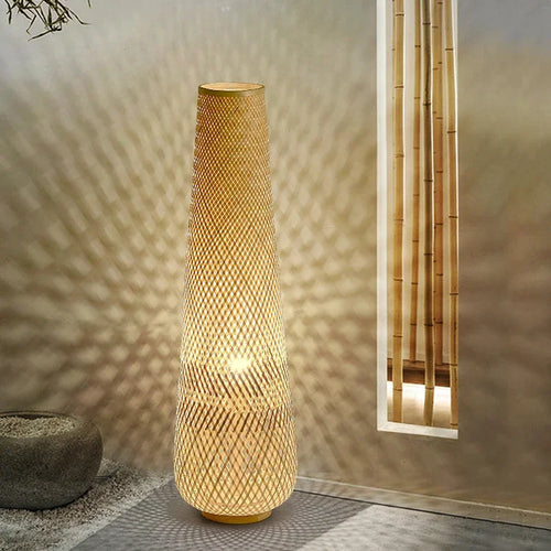 Cylindrical bamboo and wicker floor lamp with retro wooden weave - vue 5 sur 9