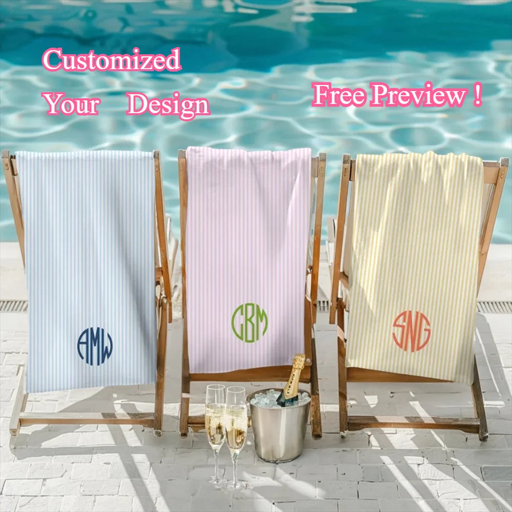 Personalised preppy striped monogram beach towel
